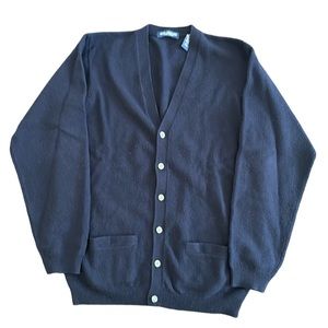 LANDS END MENS WOOL V NECK CARDIGAN BLUE LONG SLEEVE SWEATER POCKETS LARGE